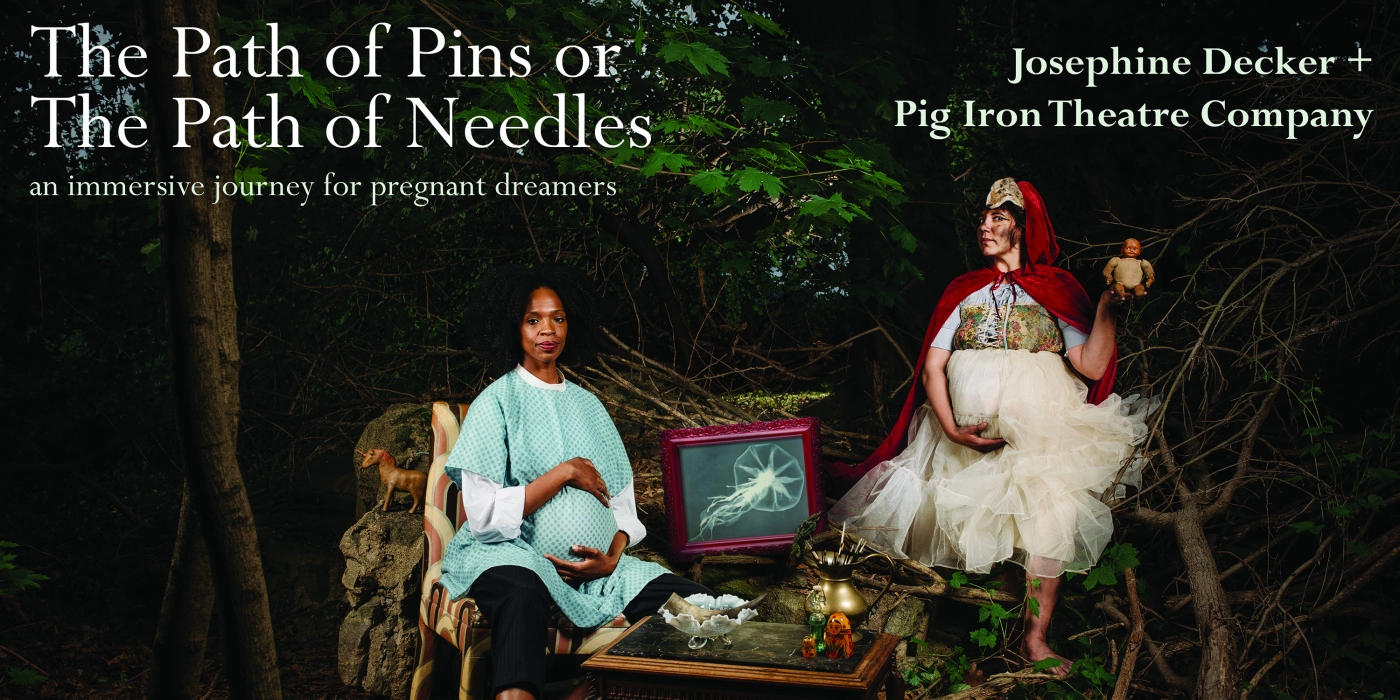 Two pregnant people sit in a forest. Title reads "The Path of Pins or The Path of Needles"